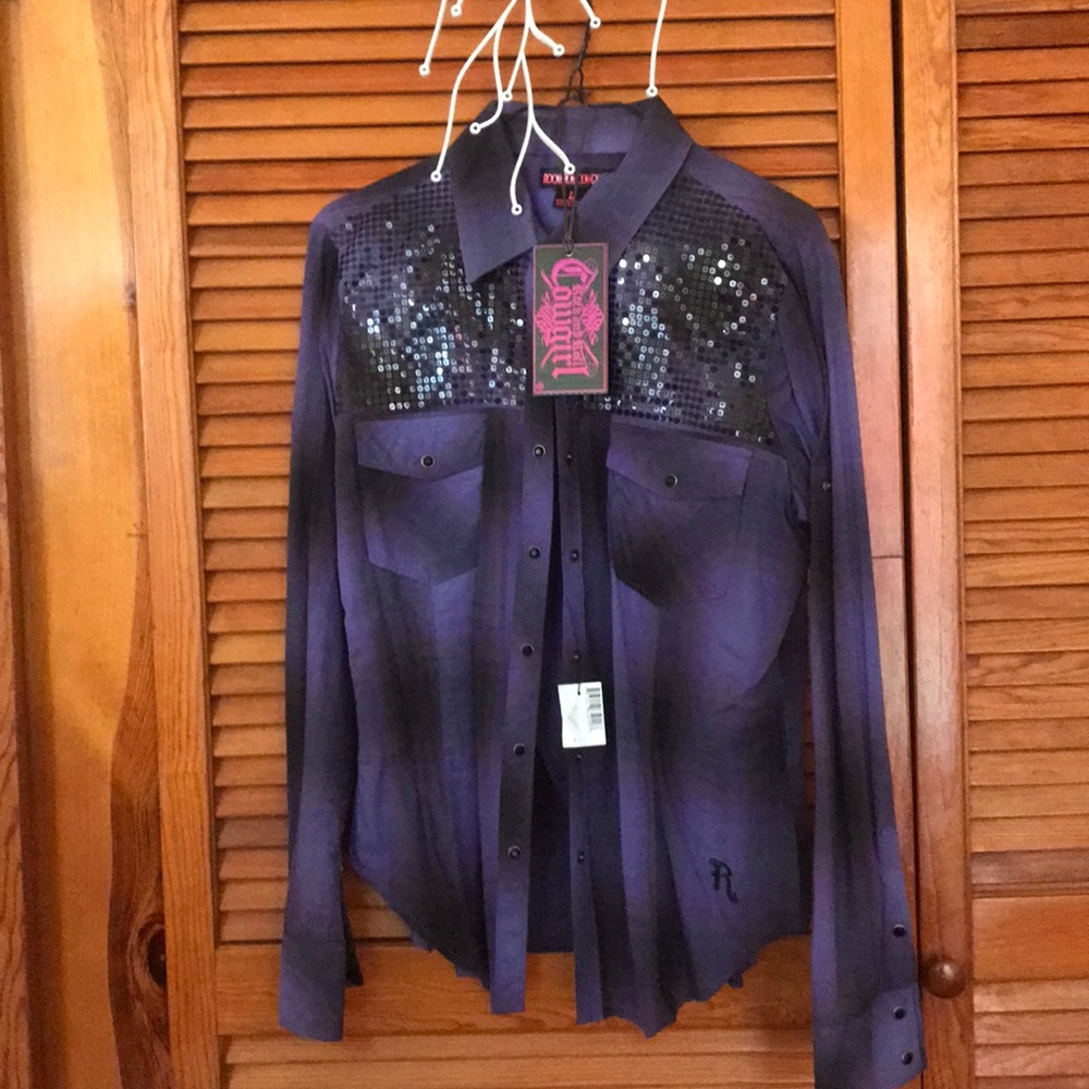 Purple Sequin Snap Button Down